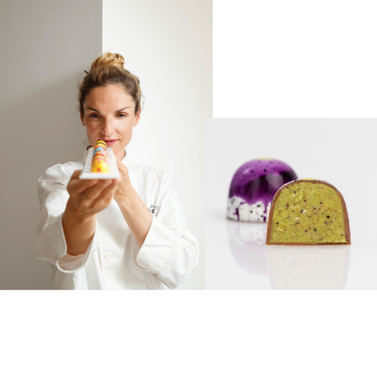 Founder Egli Stamatiou holding a hand-painted bonbon